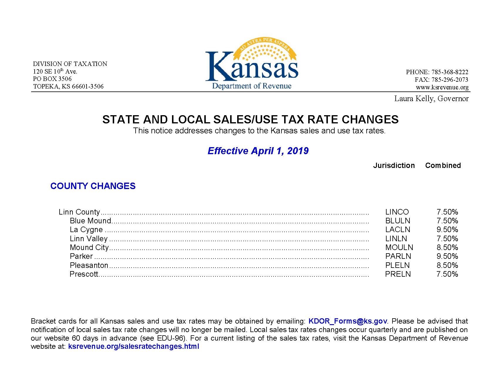 040119 Sales Tax Rate Changes Linn County, KS